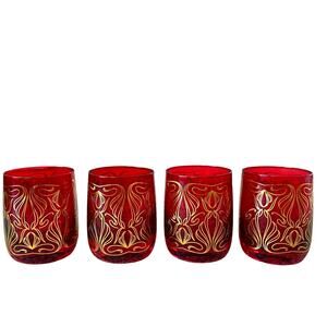 Neiman Marcus Holiday Red Gold Double Old Fashion Glass Tumbler Gift Set of 4